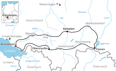 Karte mit Radroute durch Kressbronn, Kempten, Marktoberdorf, Füssen, Oberstaufen und zurück nach Kressbronn am Bodensee.