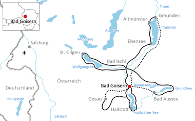 Karte mit Radwegen rund um Bad Goisern, Österreich, die Seen wie Traunsee, Wolfgangsee und Hallstätter See mit durchgezogenen und gestrichelten Linien verbinden.