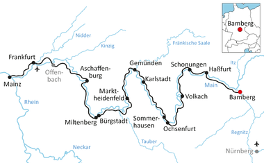 Karte mit Radweg von Mainz nach Bamberg durch Städte wie Frankfurt, Aschaffenburg, Miltenberg und Volkach entlang Rhein und Main.
