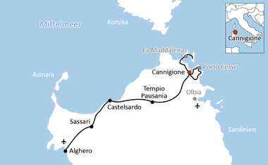 Karte mit Radroute von Alghero über Sassari, Castelsardo, Tempio Pausania nach Cannigione auf Sardinien mit markierten Flughäfen.