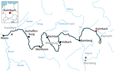 Karte mit Radweg durch Bayern von Mainz über Aschaffenburg, Wertheim, Volkach, Bamberg nach Kulmbach. Flüsse Main und Rhein sichtbar.
