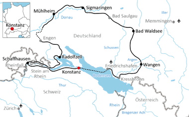 Karte mit Radweg rund um den Bodensee durch Deutschland, Schweiz und Österreich, verbindet Städte wie Konstanz, Radolfzell, Memmingen und Wangen.
