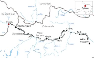 Map showing Danube cycle route from Passau, Germany through Austria to Wien-Nussdorf, passing Engelhartszell, Linz, Grein, Melk and Tulln along the river.