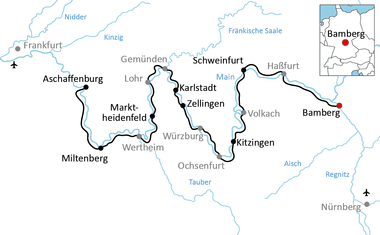 Karte mit einer Rundradroute durch Franken, die Städte wie Bamberg, Schweinfurt, Karlstadt, Marktheidenfeld und Miltenberg verbindet.