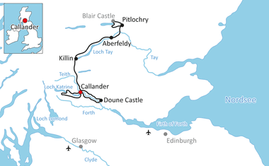 Karte mit Radroute durch die schottischen Highlands von Killin über Callander nach Doune Castle, mit Stopps in Blair Castle, Pitlochry und Aberfeldy.