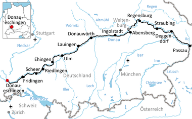 Karte des Donauradwegs von Donaueschingen nach Passau über Ulm, Ingolstadt und Regensburg durch Süddeutschland und Bayern.