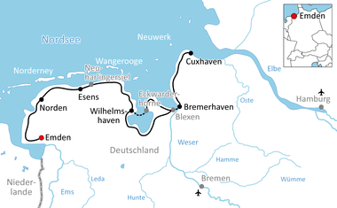 Karte mit Radweg von Emden über Norden, Esens, Wilhelmshaven nach Bremerhaven entlang der Nordseeküste mit Elbe und Standortmarkierung.