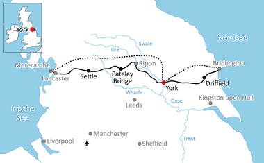 Karte mit Radweg von York nach Driffield über Settle, Pateley Bridge und Ripon. Route mit durchgezogenen und gestrichelten Linien durch Yorkshire.