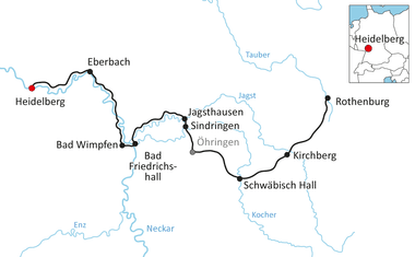Karte mit Radweg von Heidelberg über Eberbach, Bad Wimpfen, Jagsthausen, Sindringen und Schwäbisch Hall nach Rothenburg mit Flüssen.