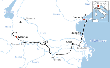 Map showing cycling route from Mantua to Venice through northern Italy, passing Zelo, Ferrara, Adria, and Chioggia along the Adriatic coast.