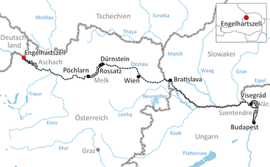 Karte des Donauradwegs von Engelhartzell durch Österreich nach Budapest. Schwarze Linie zeigt Route über Wien, Bratislava nach Budapest.