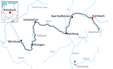 Karte mit Radweg entlang des Mains durch Bayern, der Würzburg, Kitzingen, Schweinfurt, Bamberg, Bad Staffelstein und Kulmbach verbindet.