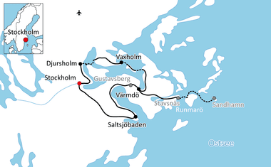 Karte mit Radroute von Stockholm über Djursholm, Vaxholm, Gustavsberg, Värmdo, Saltsjöbaden nach Sandhamn im Schärengarten der Ostsee.