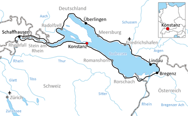 Karte mit Radweg rund um den Bodensee durch Deutschland, Schweiz und Österreich, vorbei an Städten wie Konstanz, Lindau und Bregenz.