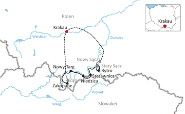 Karte mit Radroute von Krakau über Nowy Targ und Niedzica nach Zakopane in Südpolen, nahe der slowakischen Grenze.