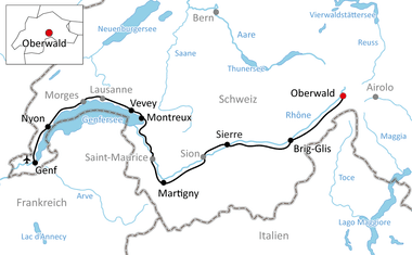 Karte mit Radroute durch die Schweiz von Oberwald zum Genfersee über Brig-Glis, Sierre, Sion, Martigny und Montreux.