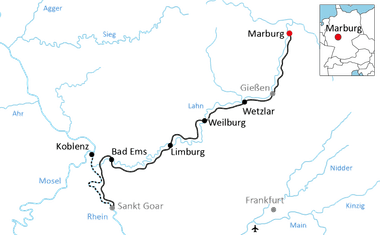 Karte des Lahntal-Radwegs von Marburg bis Koblenz über Wetzlar, Weilburg, Limburg und Bad Ems entlang der Lahn.