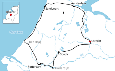 Karte mit Radroute durch die Niederlande, die Rotterdam, Kinderdijk, Gouda, Den Haag, Zandvoort, Amsterdam und Utrecht verbindet.