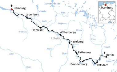 Karte des Elberadwegs von Hamburg nach Berlin über Lauenburg, Hitzacker, Wittenberge, Havelberg, Rathenow, Brandenburg und Potsdam.