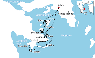 Karte mit Radroute durch griechische Inseln von Athen über Ägina, Poros, Hydra, Spetses, Methana nach Galatas mit gestrichelten Fährverbindungen.