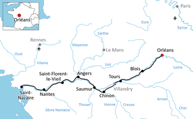 Karte mit Radweg entlang der Loire von Orléans nach Saint-Nazaire über Blois, Tours, Saumur, Angers und Nantes.