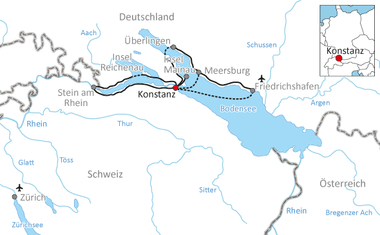 Map showing cycling route around Lake Constance with Konstanz marked. Route passes through Germany, Switzerland, and Austria near the lake.