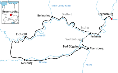 Karte mit Rundradweg von Regensburg über Kelheim, Abensberg, Bad Gögging, Neuburg, Eichstätt und Beilgries entlang der Donau.