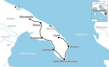 Karte mit Radroute durch Apulien von Alberobello über Ostuni, Avetrana, Gallipoli, Santa Maria di Leuca, Otranto und Lecce.