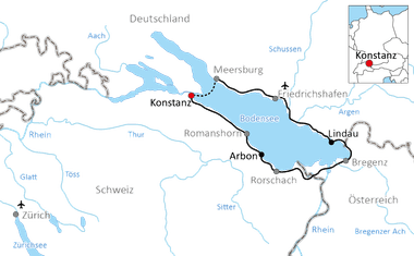 Karte mit Radweg rund um den Bodensee durch Deutschland, Schweiz und Österreich mit Stationen in Konstanz, Meersburg, Friedrichshafen, Lindau und Arbon.