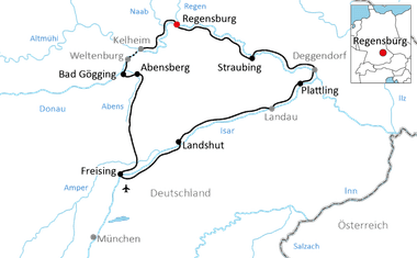 Karte mit einer Rundtour durch Bayern, die Regensburg, Straubing, Plattling, Landshut, Freising, Bad Gögging und Abensberg verbindet.