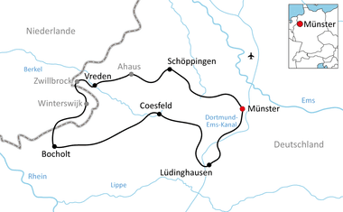 Karte mit Radrundweg durch Münster, Schöppingen, Vreden, Bocholt, Lüdinghausen und Coesfeld im deutsch-niederländischen Grenzgebiet.