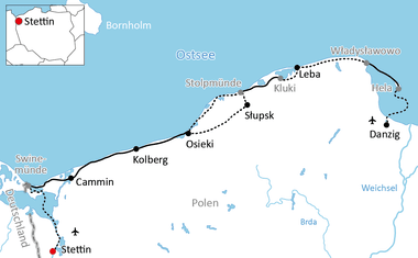 Karte mit Radroute entlang der polnischen Ostseeküste von Stettin nach Danzig über Cammin, Kolberg, Stolpmünde, Leba und Hela.