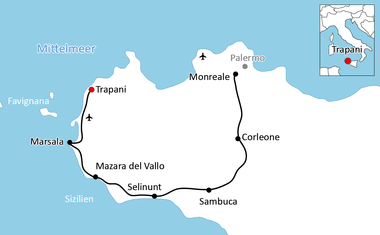 Karte mit Radroute rund um Sizilien, Start in Trapani über Marsala, Mazara del Vallo, Selinunt, Sambuca, Corleone und Monreale.
