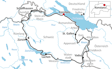 Karte mit Radweg durch die Schweiz von Konstanz über Schaffhausen, Zürich, St. Gallen nach Vaduz, vorbei am Bodensee und Zürichsee.