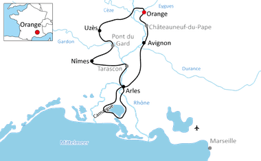 Karte mit Radroute durch Südfrankreich von Orange über Uzès, Pont du Gard, Avignon, Nîmes, Tarascon und Arles zur Camargue.