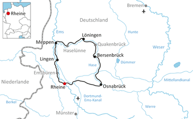 Karte mit Rundradweg durch Meppen, Löningen, Quakenbrück, Bersenbrück, Osnabrück und Rheine in der Region Emsland.