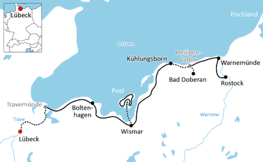 Karte mit Radweg entlang der deutschen Ostseeküste von Lübeck über Travemünde, Boltenhagen, Wismar, Bad Doberan nach Warnemünde und Rostock.