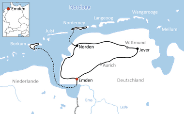 Karte mit Radweg von Emden nach Jever entlang der Nordseeküste, durch Norden und Aurich mit Fährverbindungen zu den Inseln.