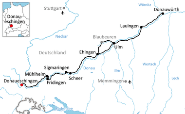 Map showing cycling route along the Danube from Donaueschingen to Donauwörth, passing through Ulm, Ehingen, and Sigmaringen in southern Germany.