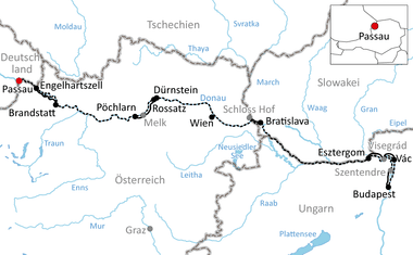 Karte des Donauradwegs von Passau über Wien und Bratislava nach Budapest mit markierten Hauptstationen entlang des Flusses.