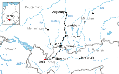 Karte mit Radweg entlang des Lechs von Augsburg über Landsberg, Schongau, Füssen und Schwangau bis Elbigenalp in Österreich.