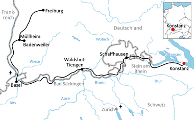Karte des Rhein-Radwegs von Konstanz über Stein am Rhein, Schaffhausen, Bad Säckingen, Basel, Badenweiler, Müllheim nach Freiburg.