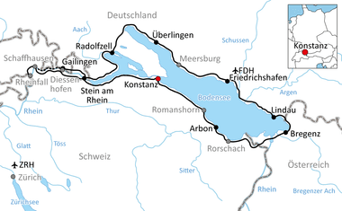 Karte mit Radweg rund um den Bodensee durch Deutschland, Schweiz und Österreich, mit Städten wie Konstanz, Bregenz und Friedrichshafen.