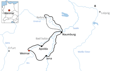 Karte mit Radweg durch Weimar, Apolda, Jena und Naumburg entlang der Flüsse Saale und Unstrut mit den nahegelegenen Städten Leipzig und Erfurt.