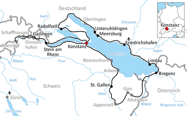 Karte mit Radweg rund um den Bodensee durch Deutschland, Schweiz und Österreich, vorbei an Städten wie Konstanz, Bregenz und Lindau.