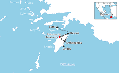 Karte mit Radroute auf Rhodos mit Stationen in Symi, Rhodos, Kalavarda, Archangelos und Lindos. Nebenkarte zeigt Lage in Griechenland.