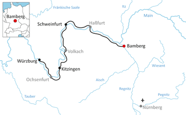 Map showing cycling route from Schweinfurt via Haßfurt, Bamberg, Volkach, Kitzingen to Würzburg and Ochsenfurt. Rivers Main and Itz marked in blue.