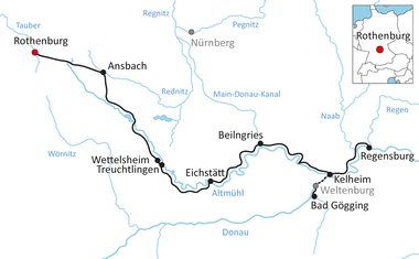 Map showing cycling route from Rothenburg via Ansbach, Wettelsheim, Eichstätt, and Kelheim to Regensburg. Rivers Altmühl and Donau are marked in blue.