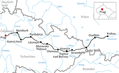 Karte mit Radweg von Prag durch tschechische Städte entlang der Elbe nach Krakau über Nymburk, Pardubice, Olomouc und Ostrava.