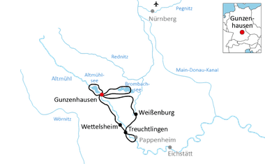 Karte mit Radroute durch Gunzenhausen, Weißenburg, Treuchtlingen, Wettelsheim mit Altmühl und Main-Donau-Kanal.